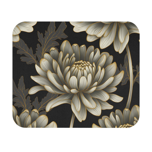Close-up of a chrysanthemum flower with gold outlines on a textured dark background.