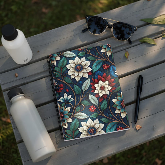 Spiral notebook with dark blue floral pattern on a wooden surface with two water bottles and sunglasses.