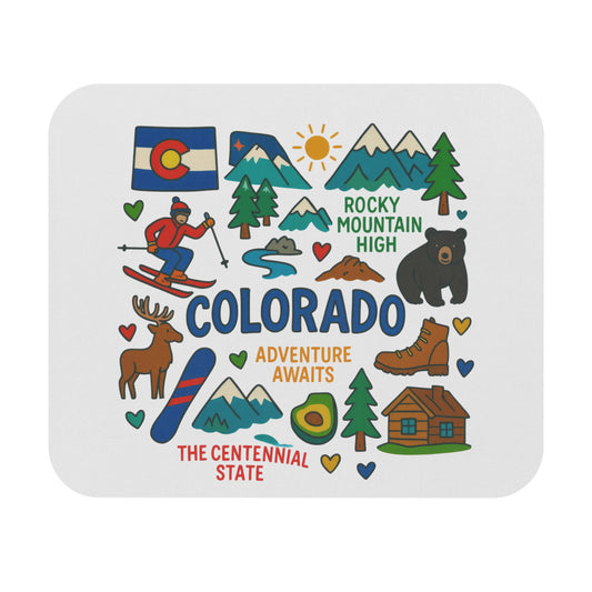 Colorado illustrations with flag, mountains, skier, bear, and text "Adventure Awaits."