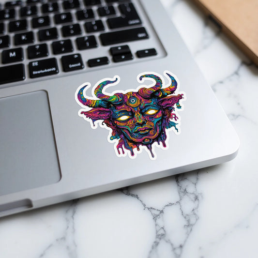 Vibrant psychedelic demon face sticker with horns on a laptop keyboard.