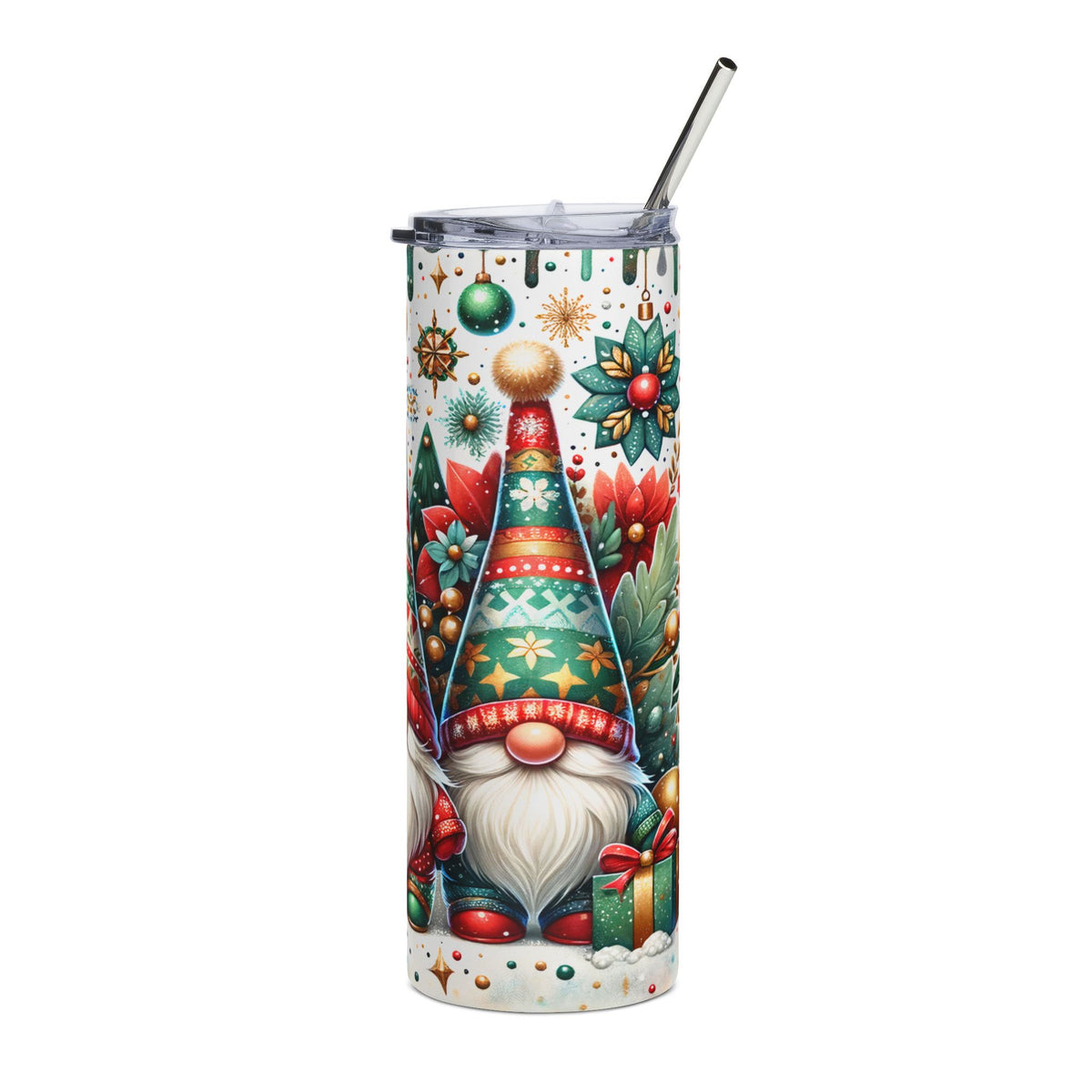 Tumbler with a festive Christmas gnome and gift design, featuring a metal straw.