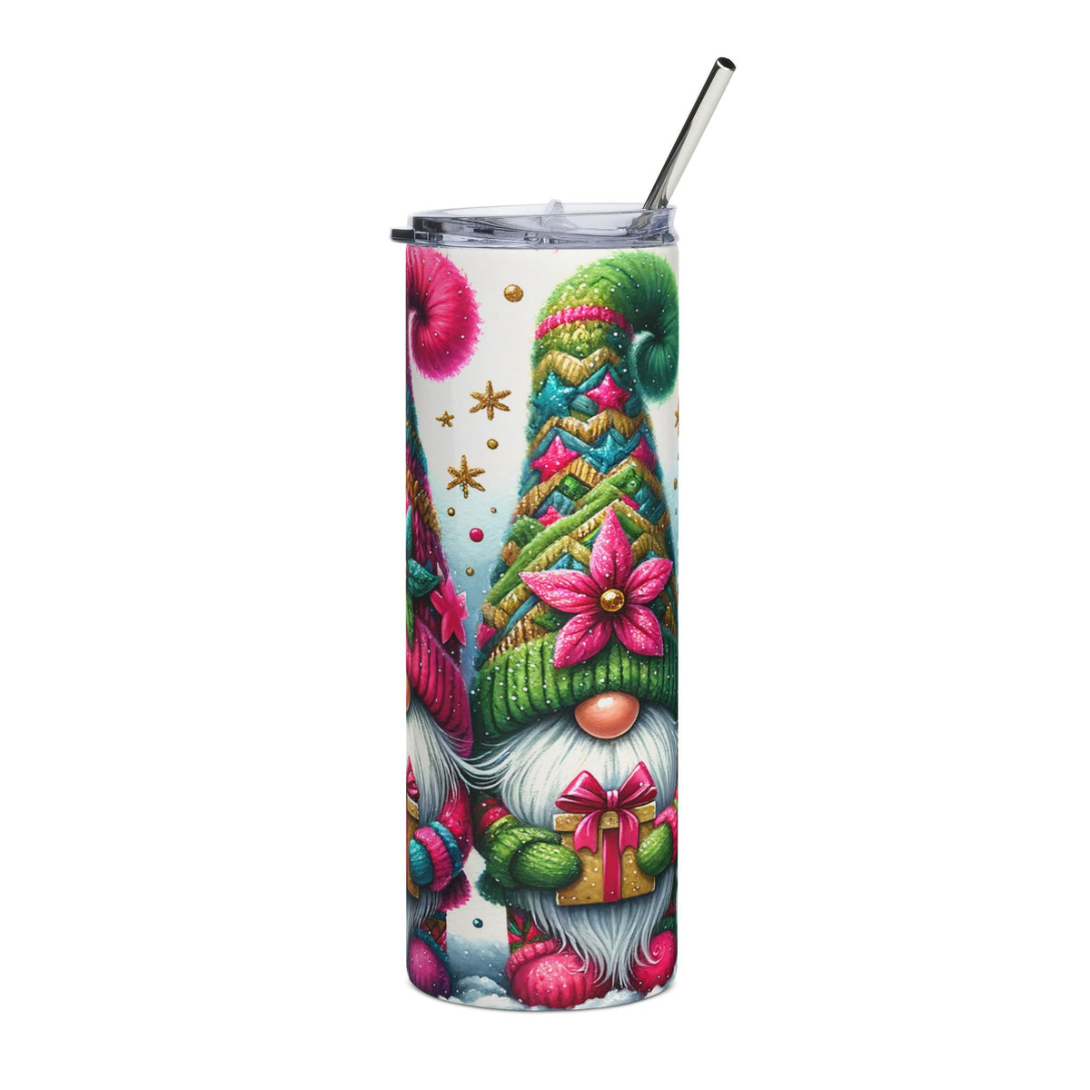 Tall tumbler with a gnome pattern and a metal straw.