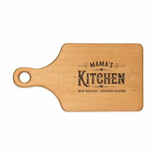 Wooden cutting board with "Mama's Kitchen" and "Made With Love - Grandkids Welcome" text.