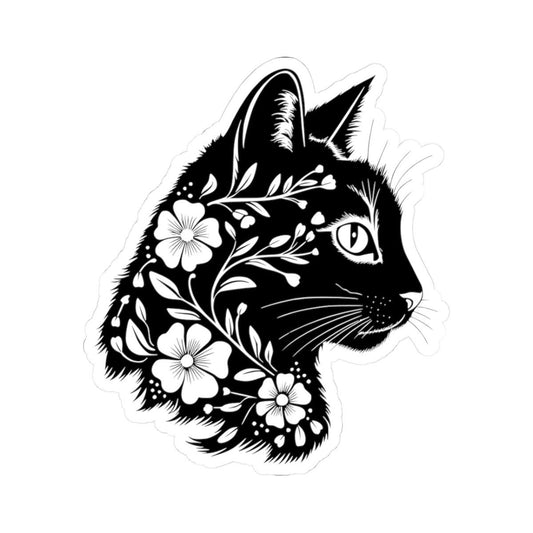 Floral Cat Sticker: Black & White Botanical Vinyl Decal
