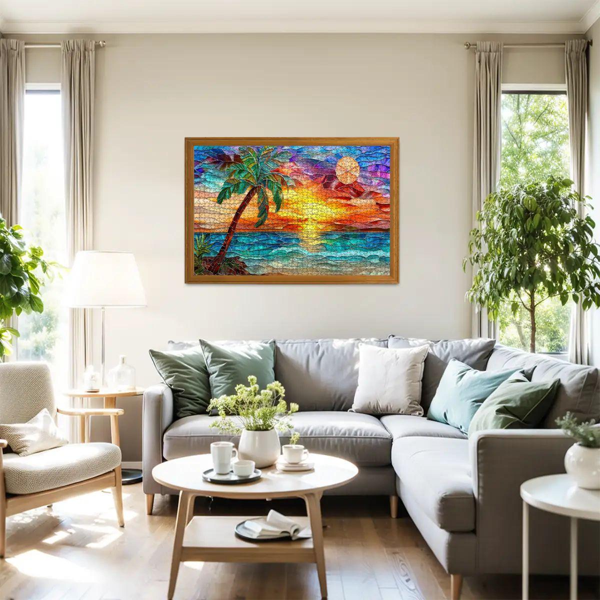 ColorFlow | Sunset Puzzle Tropical Beach Scene Stained Glass Art Wooden Jigsaw Puzzle for Adults Glossy Premium Gift