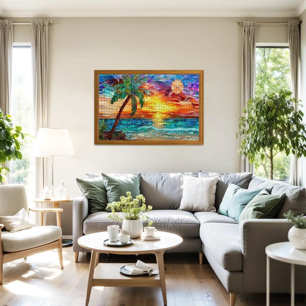 ColorFlow | Sunset Puzzle Tropical Beach Scene Stained Glass Art Wooden Jigsaw Puzzle for Adults Glossy Premium Gift