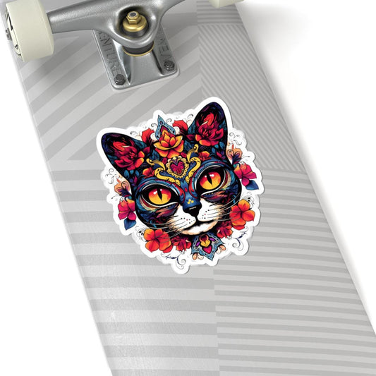 Floral Sugar Skull Cat Sticker: Día de los Muertos Calavera Vinyl Decal