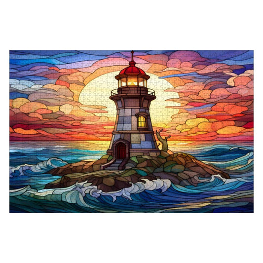 Lighthouse Stained Glass Puzzle: Sunset Ocean Coastal Art, Wooden Jigsaw