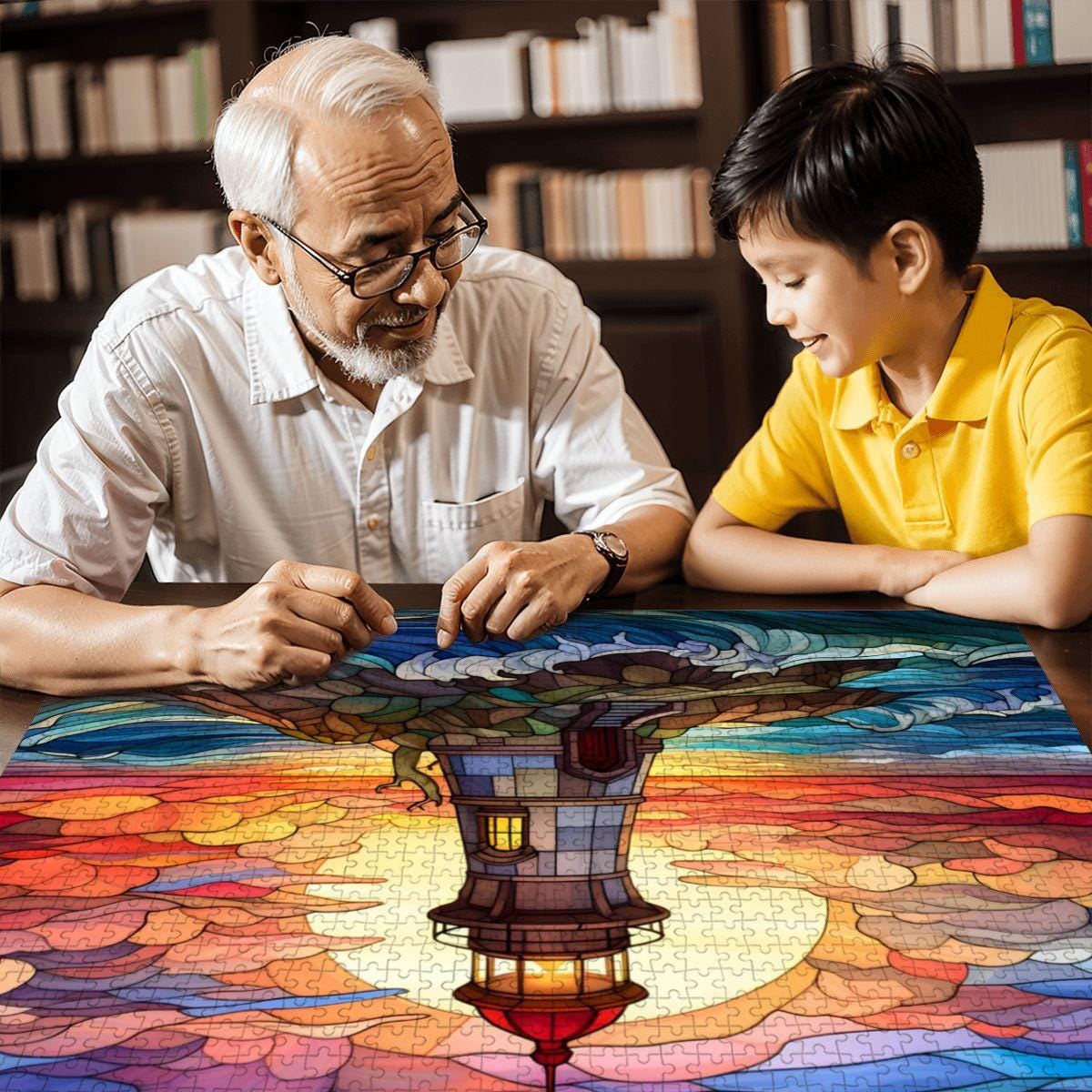 Lighthouse Stained Glass Puzzle: Sunset Ocean Coastal Art, Wooden Jigsaw