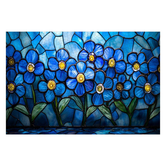 ColorFlow | Wooden Jigsaw Puzzle | Stained Glass Blue Flower Art Wood Puzzle for Adults and Kids | Relaxing Gift