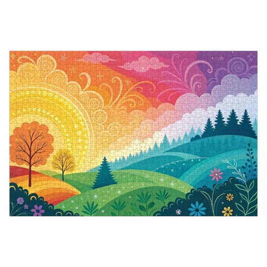 ColorFlow | Wooden Jigsaw Puzzle | Sunrise Whimsy Landscape Art Wood Puzzle for Adults and Kids | Relaxing Gift