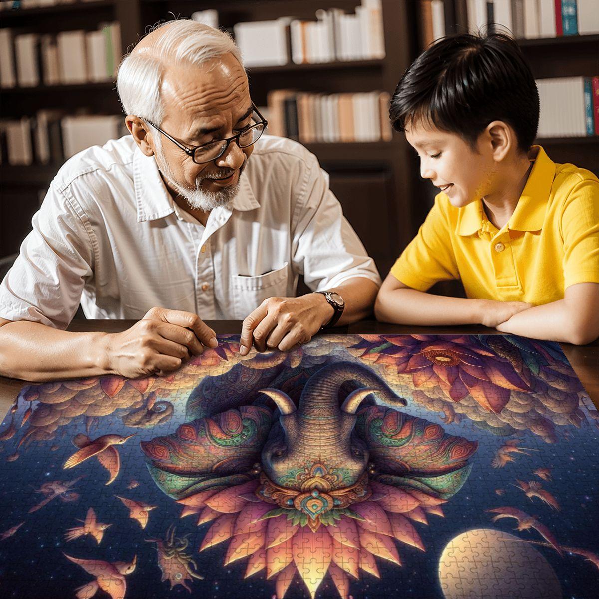 Cosmic Lotus Elephant Wooden Jigsaw Puzzle: Celestial Fantasy Art
