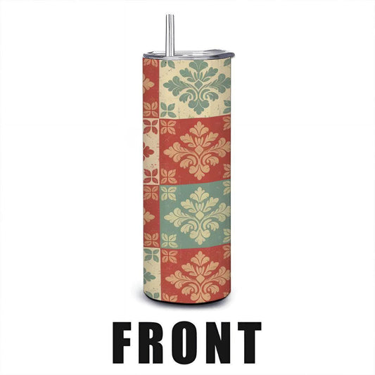 ColorFlow | Vintage Tile Damask Tumbler | 20oz Stainless Steel | Boho Pattern Insulated Mug | Retro Art Cup with Straw