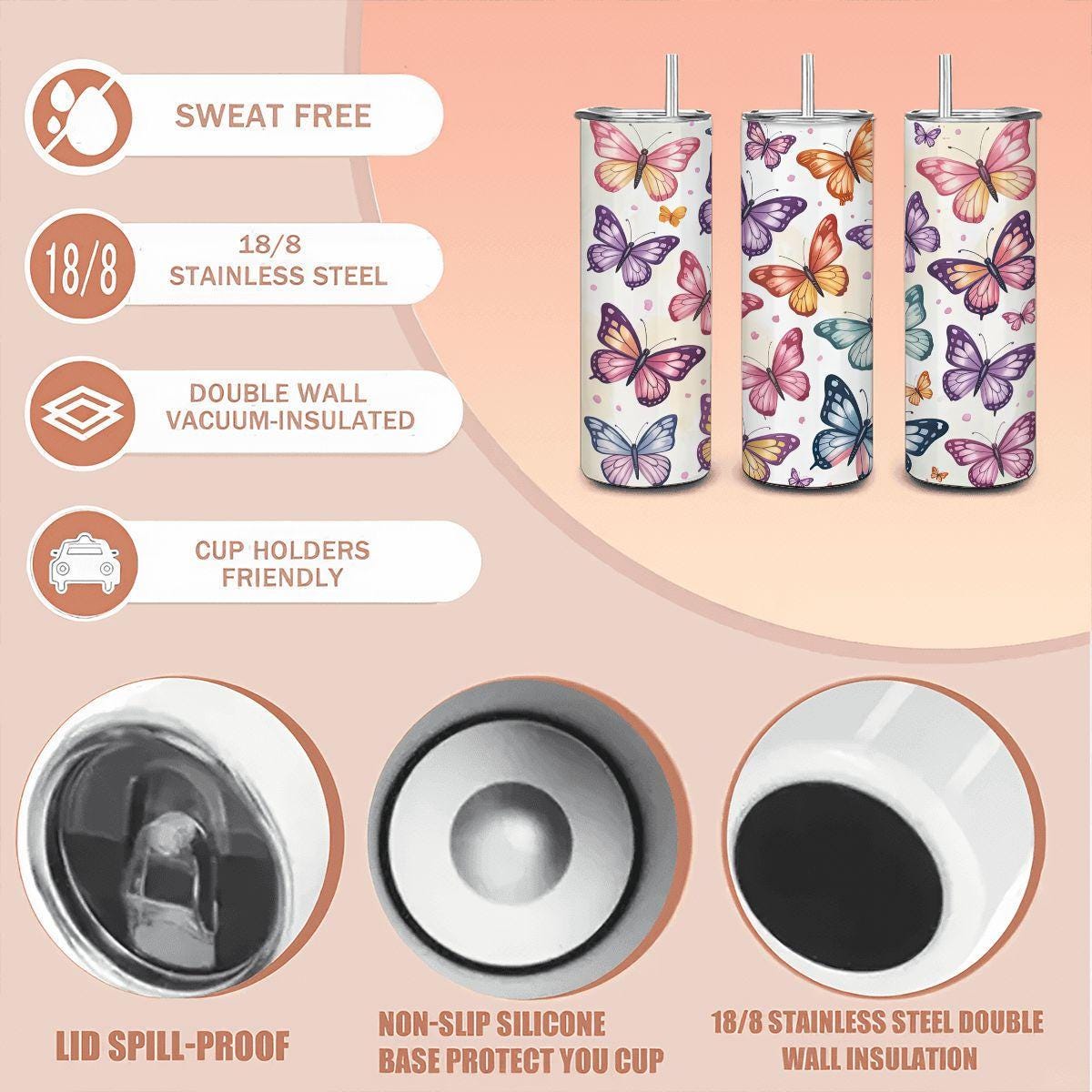Watercolor Butterfly Tumbler: Stainless Steel Insulated Cup with Straw