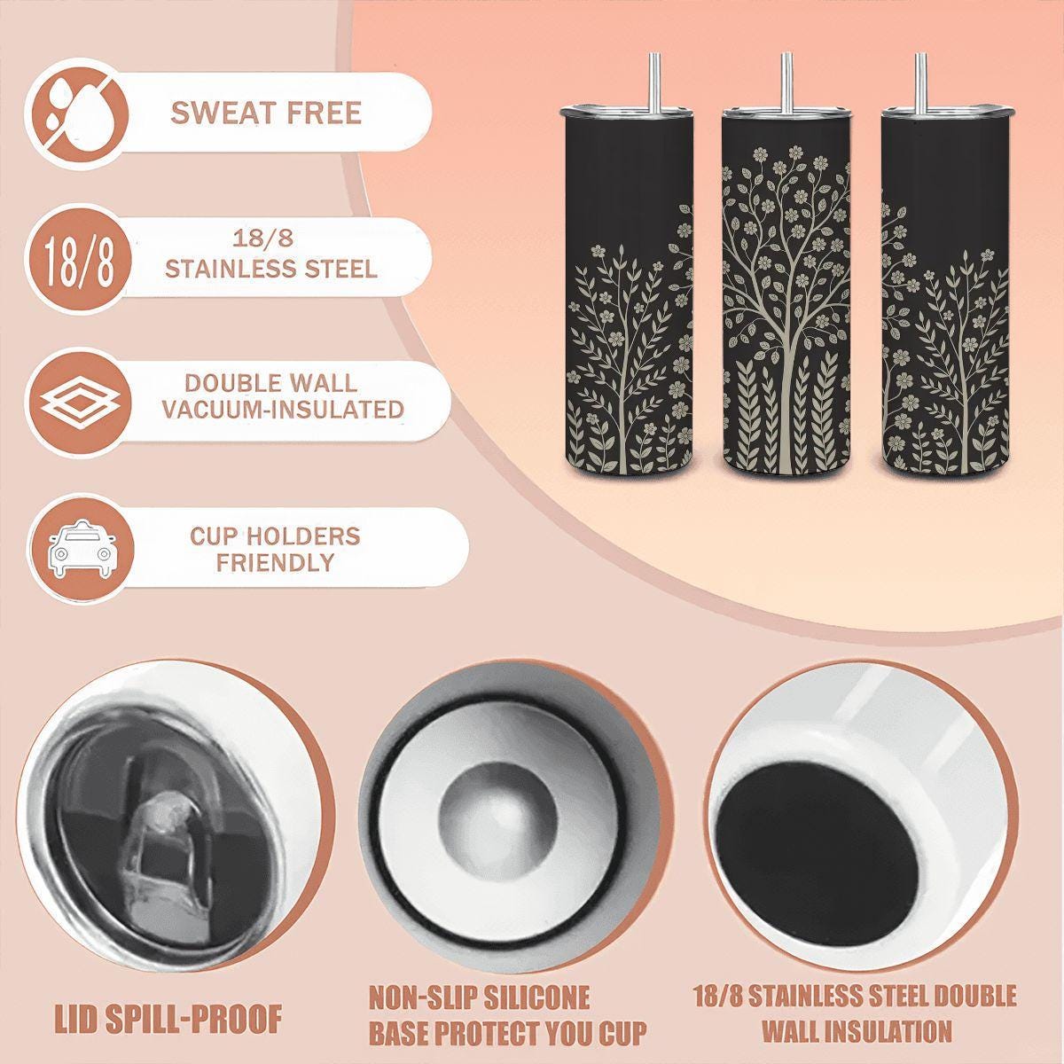 ColorFlow | Elegant Floral Tree 20oz Stainless Steel Tumbler with Straw | Black Botanical Travel Mug | Nature Lover Gift