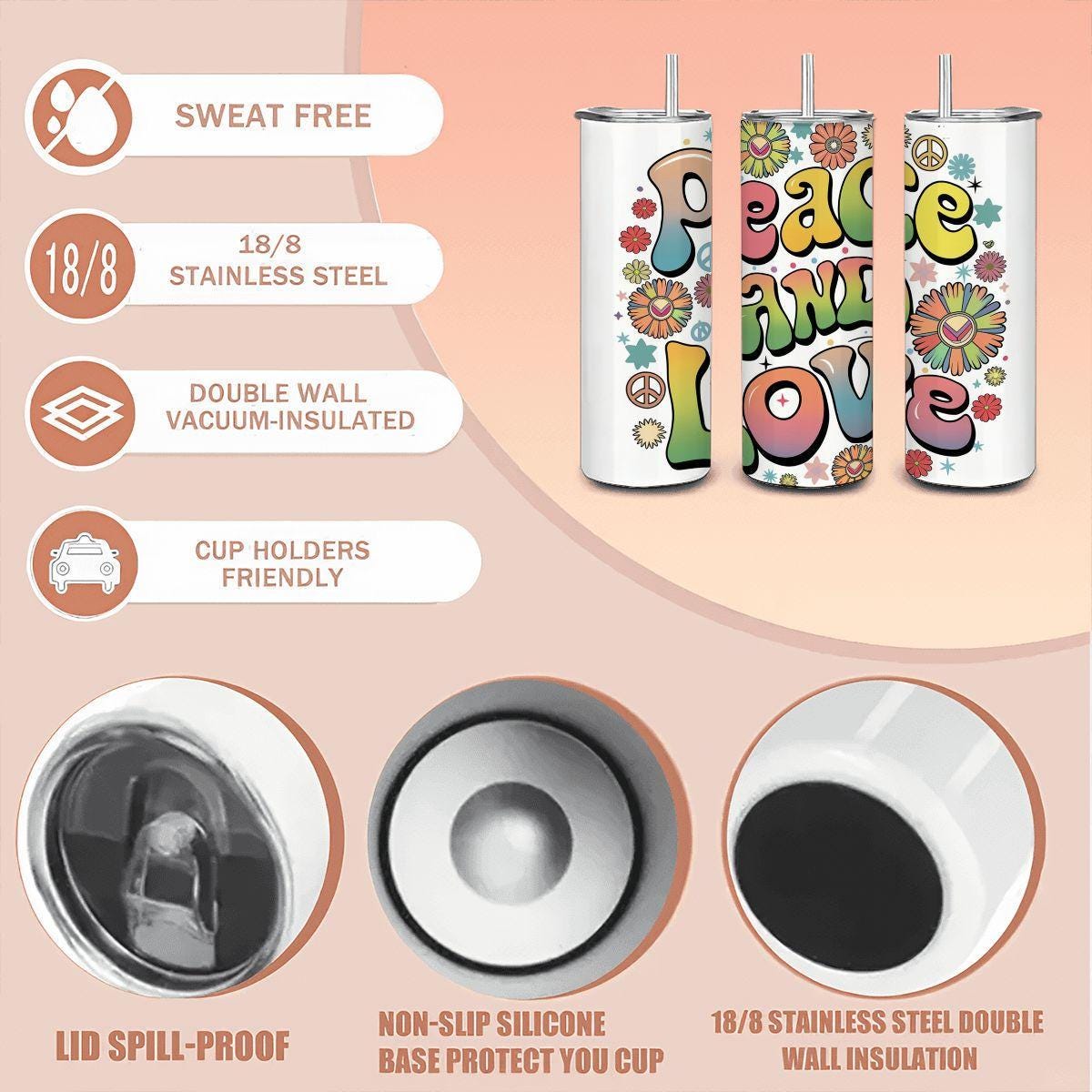ColorFlow | Peace and Love 20oz Stainless Steel Tumbler with Straw | Groovy Retro Rainbow Mug | Hippie Gift