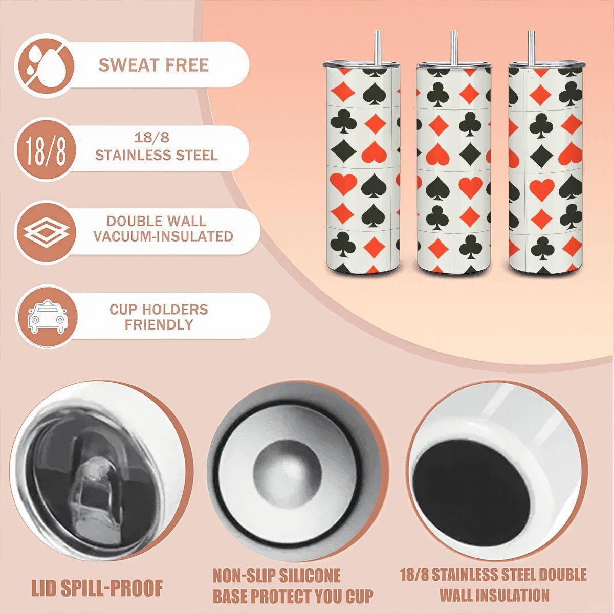 ColorFlow | Royal Flush Playing Card Suits 20oz Stainless Steel Tumbler with Straw | Insulated Travel Mug | Gift for Card Lovers