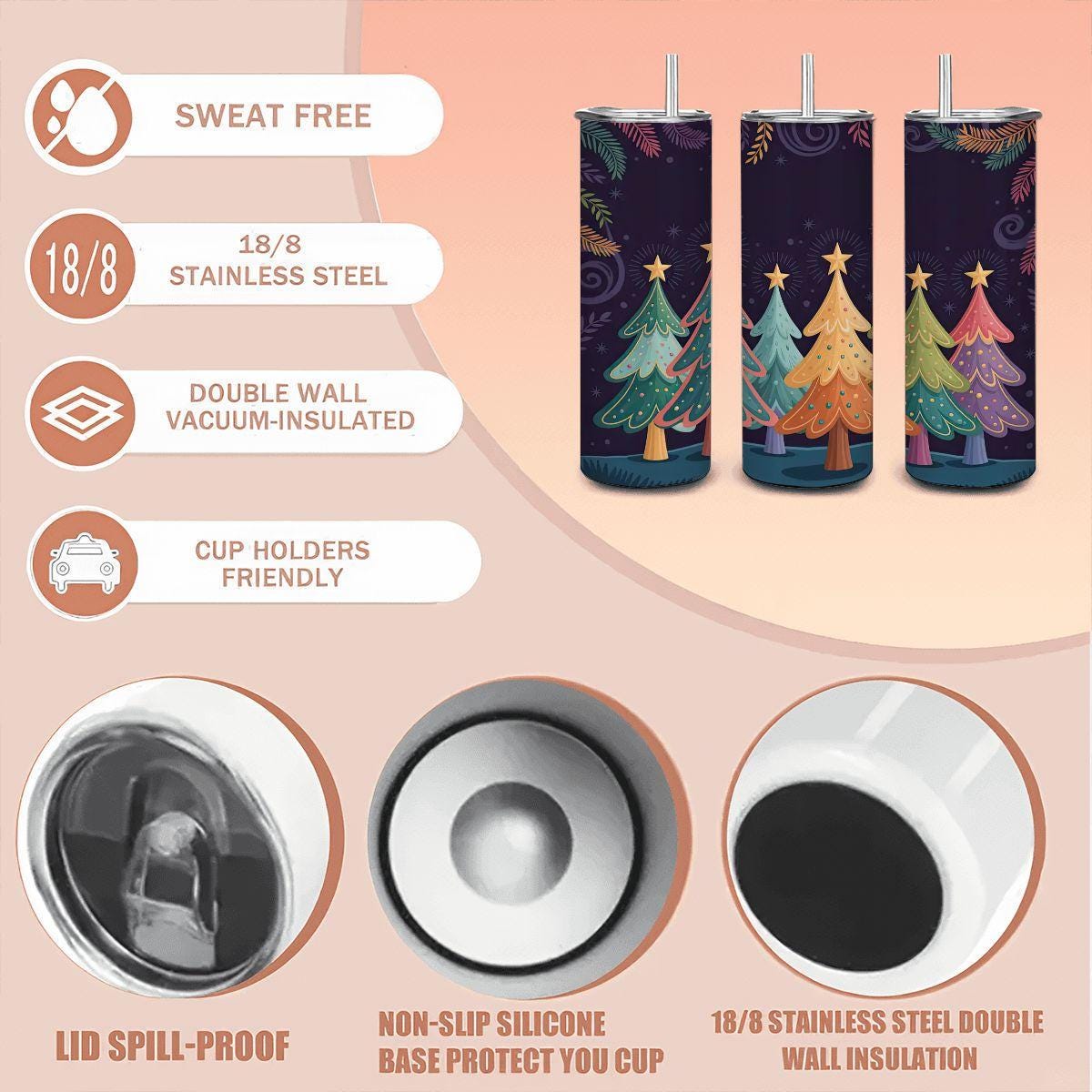 Christmas Tree Tumbler: 20oz Stainless Steel Insulated Mug with Straw