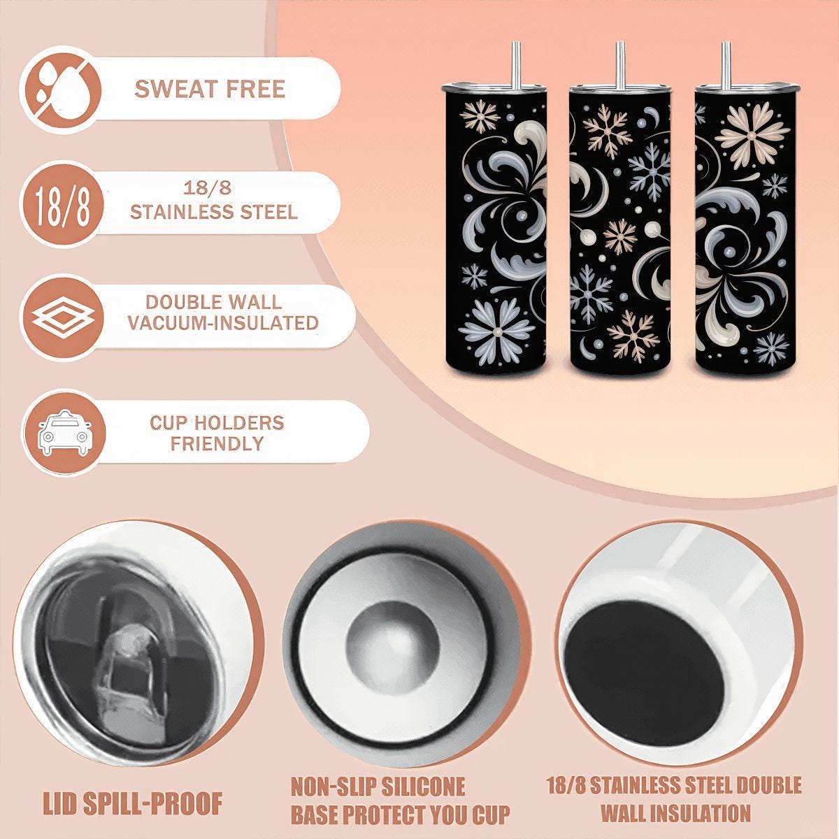 ColorFlow | Elegant Snowflake Swirl Tumbler | 20oz Stainless Steel | Winter Insulated Mug | Black Holiday Cup with Straw