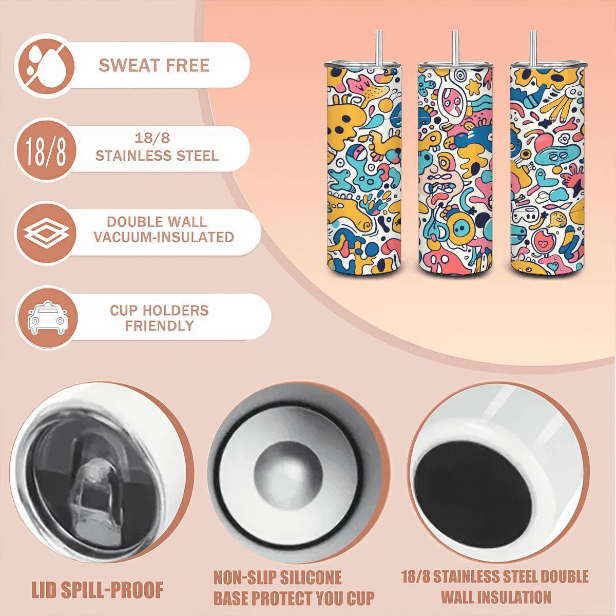 ColorFlow | Whimsical Cartoon Doodle Tumbler | 20oz Stainless Steel Tumbler with Straw | Playful Colorful Art Mug