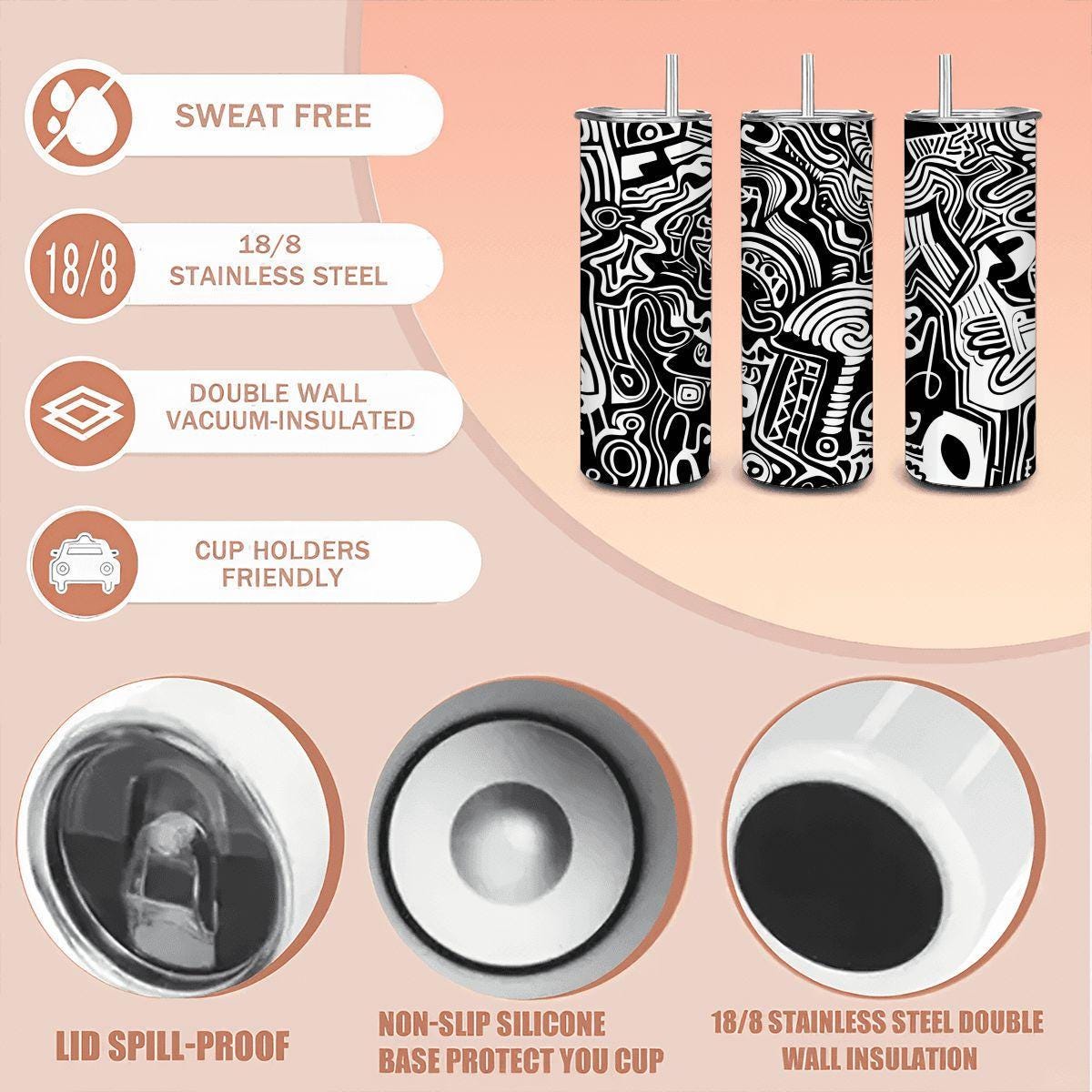 ColorFlow | Urban Graffiti Doodle Tumbler | 20oz Stainless Steel Tumbler with Straw | Black White Abstract Art Mug