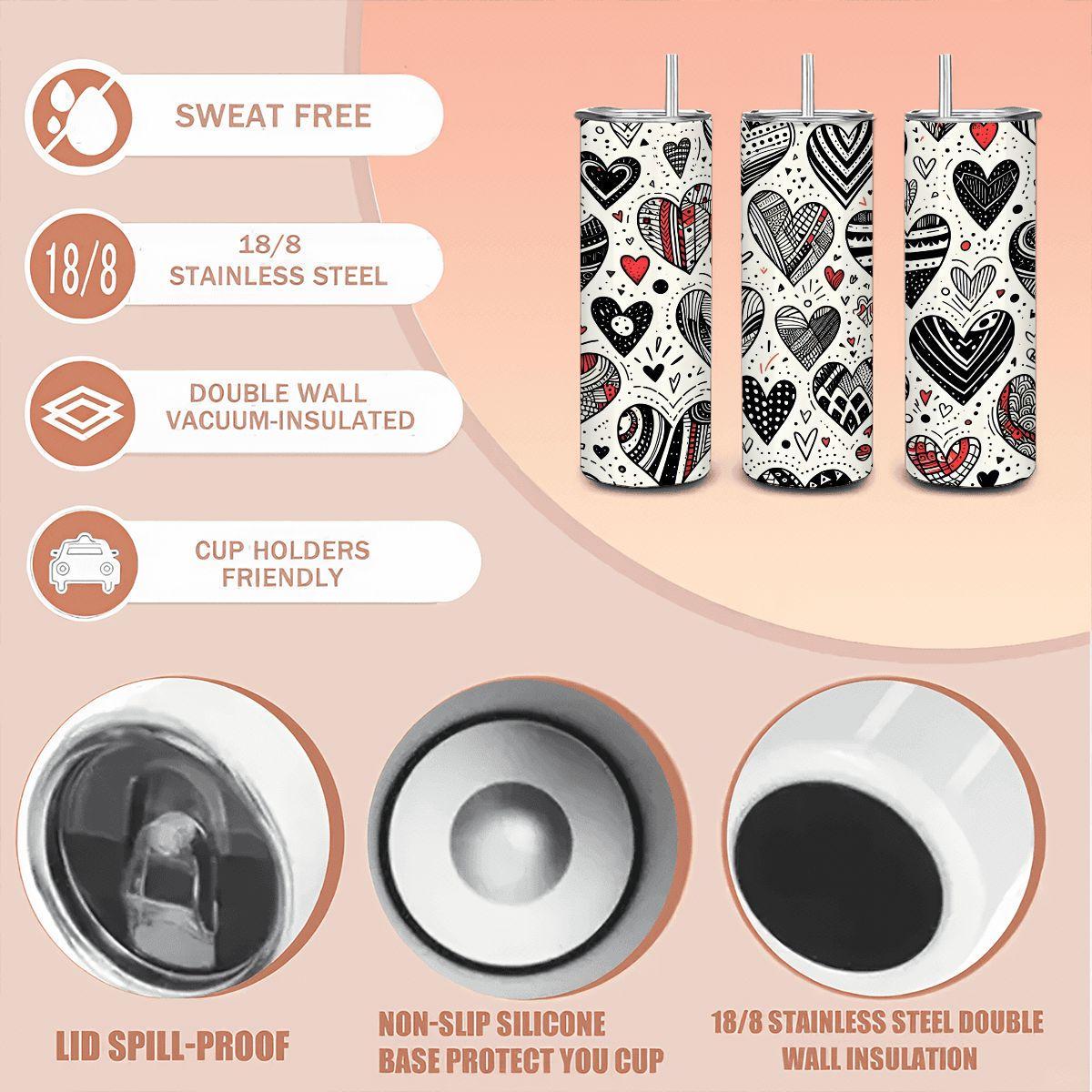 ColorFlow | Hand Drawn Hearts Doodle Tumbler | 20oz Stainless Steel Tumbler with Straw | Love Heart Art Gift Mug