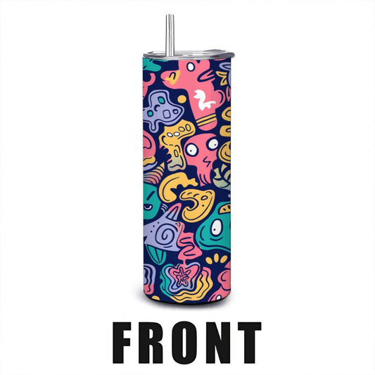 ColorFlow | Cute Doodle Creatures Tumbler | 20oz Stainless Steel Tumbler with Straw | Fun Cartoon Art Mug