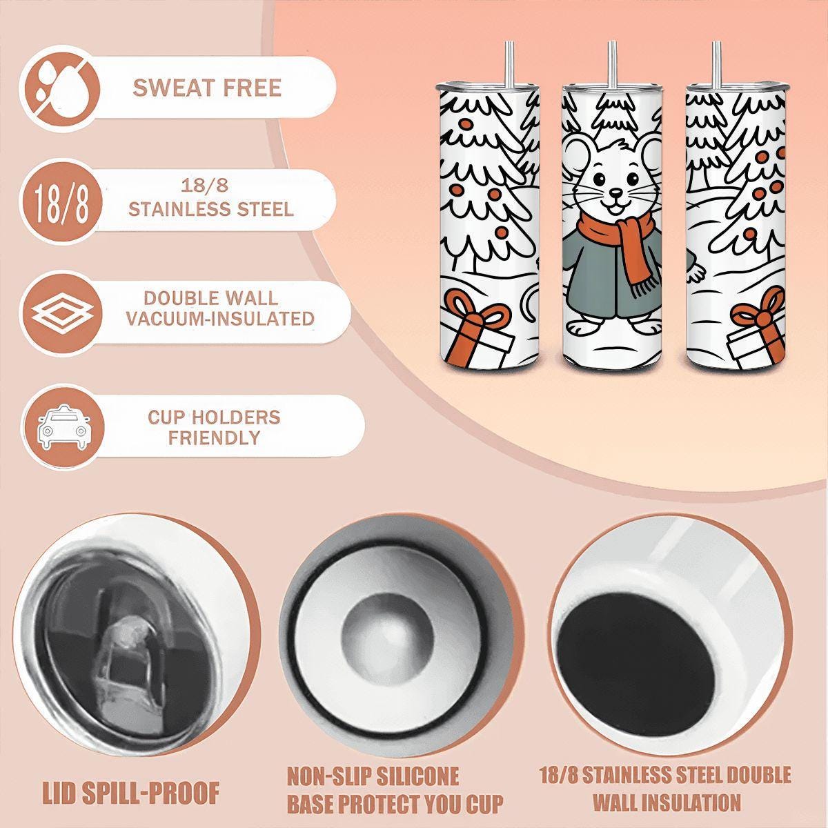 ColorFlow | Winter Mouse 20oz Stainless Steel Tumbler with Straw | Cute Holiday Animal Art Mug | Christmas Reusable Cup