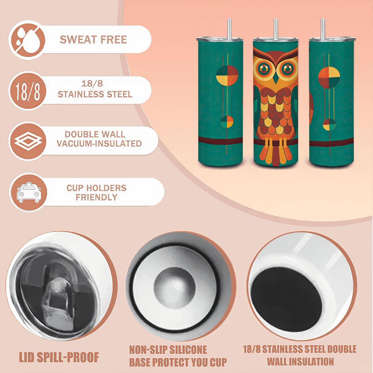 ColorFlow | Retro Owl Art 20oz Stainless Steel Tumbler with Straw | Insulated Travel Mug | Hot Cold Drinks | Unique Gift