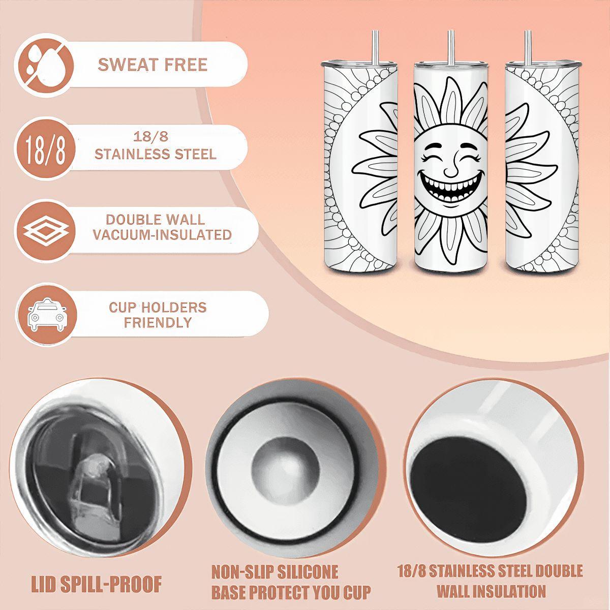 ColorFlow | Smiling Sun Art 20oz Stainless Steel Tumbler with Straw | Positive Vibes Mug | Insulated Hot Cold Cup Gift