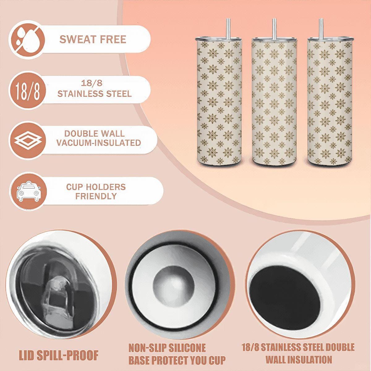Golden Snowflake Stainless Steel Tumbler: 20oz Insulated Winter Cup