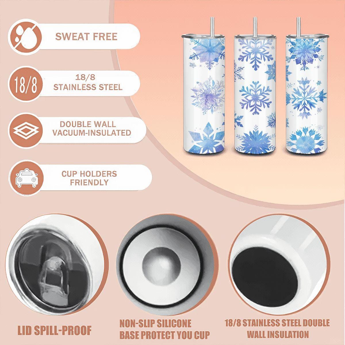 Icy Blue Snowflake Tumbler: 20oz Stainless Steel Insulated Winter Cup