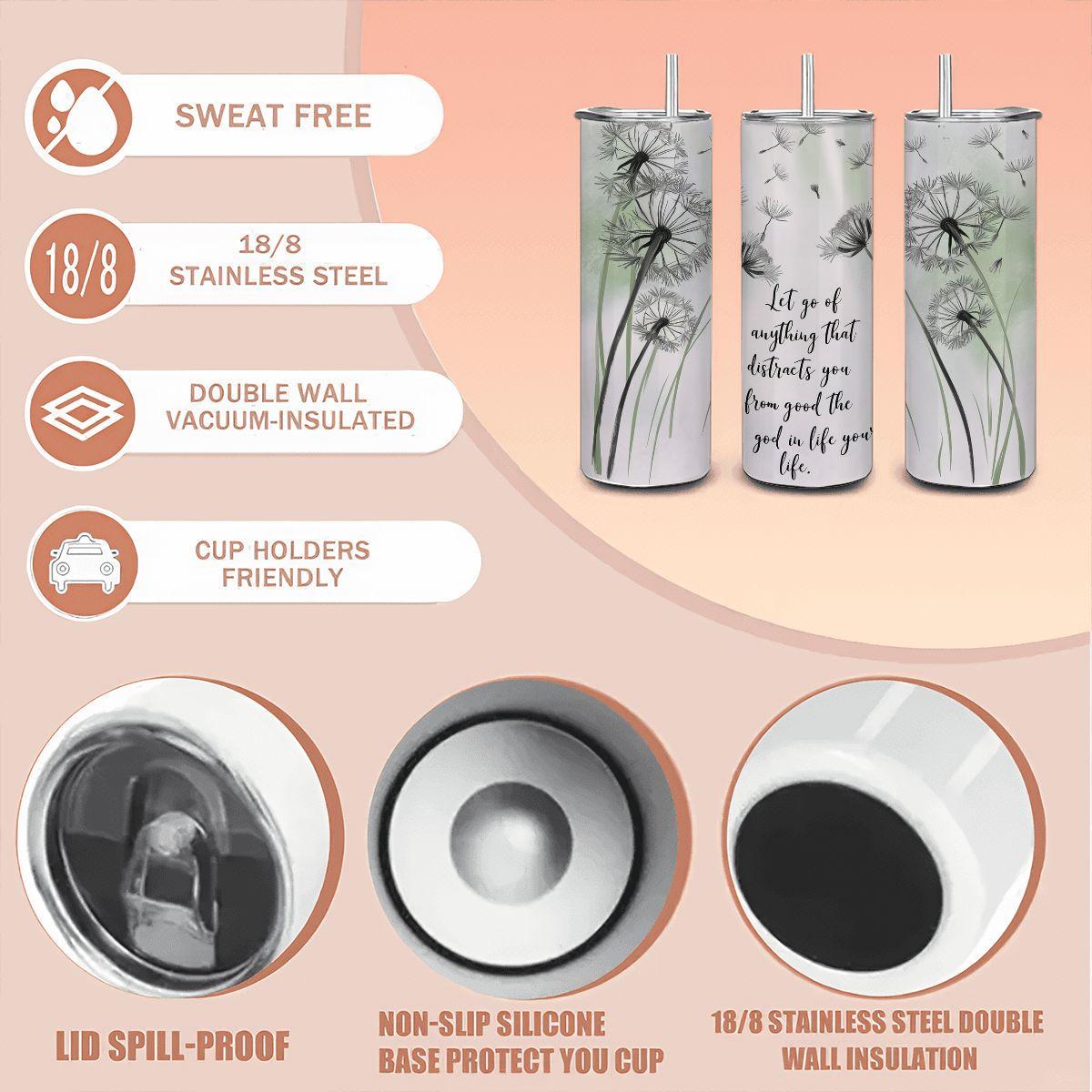 Dandelion Tumbler: Inspirational Stainless Steel Mug with Straw