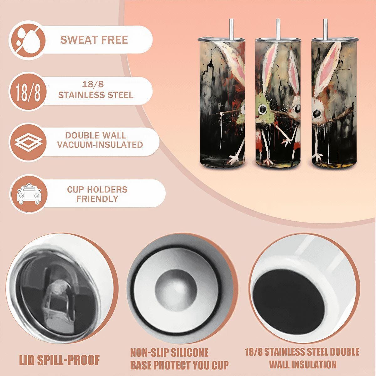 ColorFlow | Doodle Bunny Chaos Tumbler | Funny Bunny Art Cup | 20oz Stainless Steel Travel Mug with Straw | Gift Idea