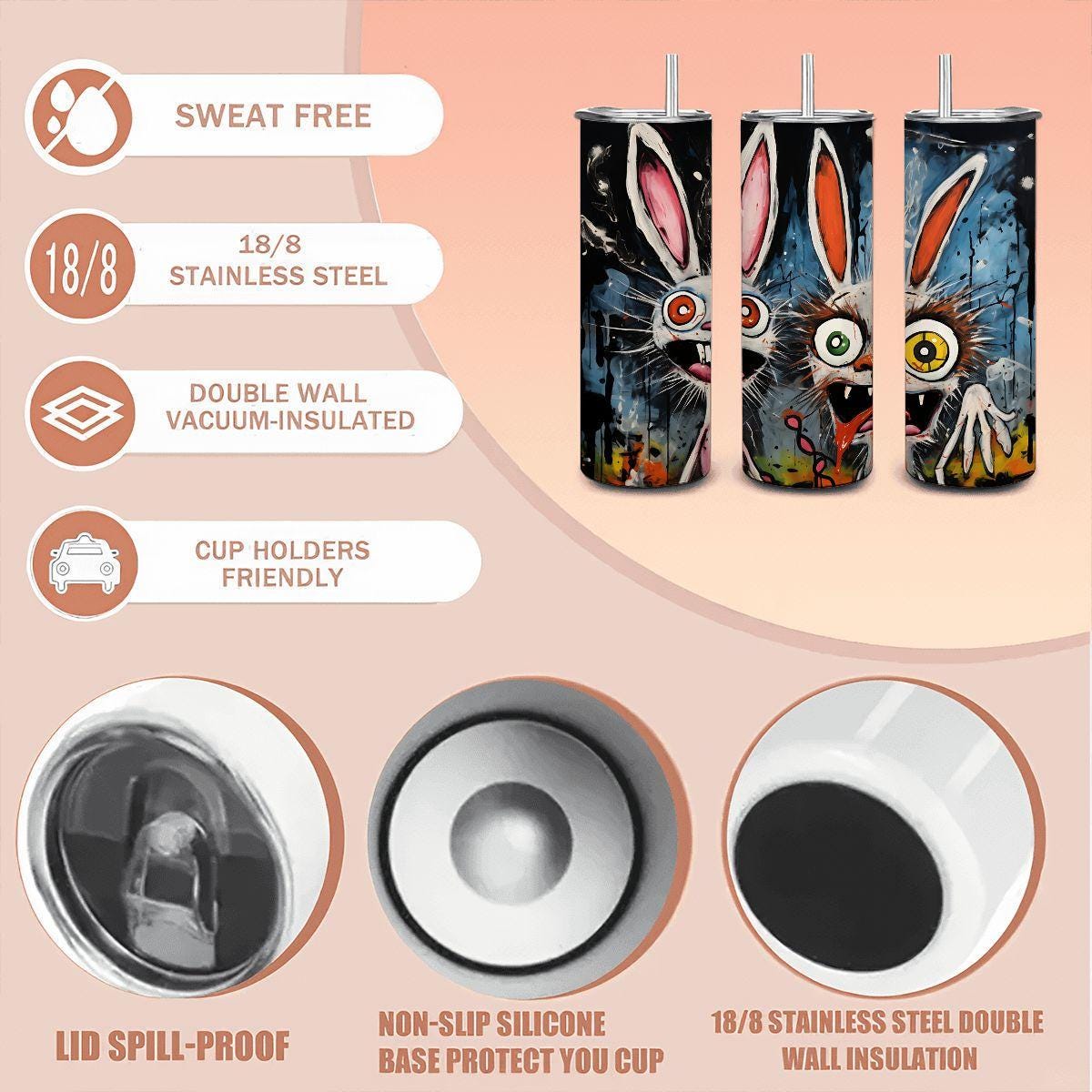 ColorFlow | Mad Bunny Party Tumbler | Funny Rabbit Art Cup | 20oz Stainless Steel Travel Mug with Straw | Gift for Friends