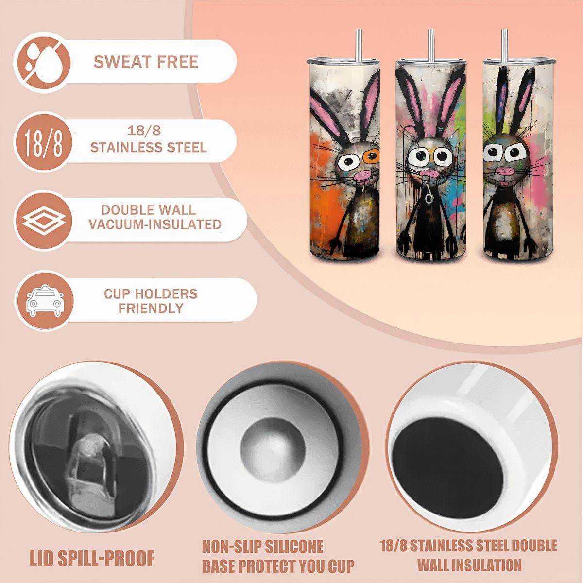 ColorFlow | Three Funky Bunny Tumbler | Abstract Rabbit Art Cup | 20oz Stainless Steel Travel Mug with Straw | Gift for Artists