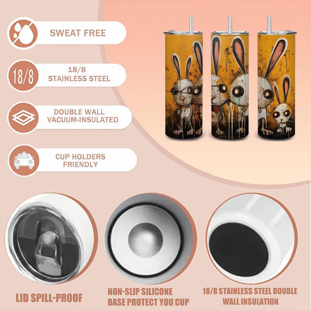 ColorFlow | Bunny Family Tumbler | Abstract Rabbit Art Cup | 20oz Stainless Steel Travel Mug with Straw | Gift for Animal Lovers