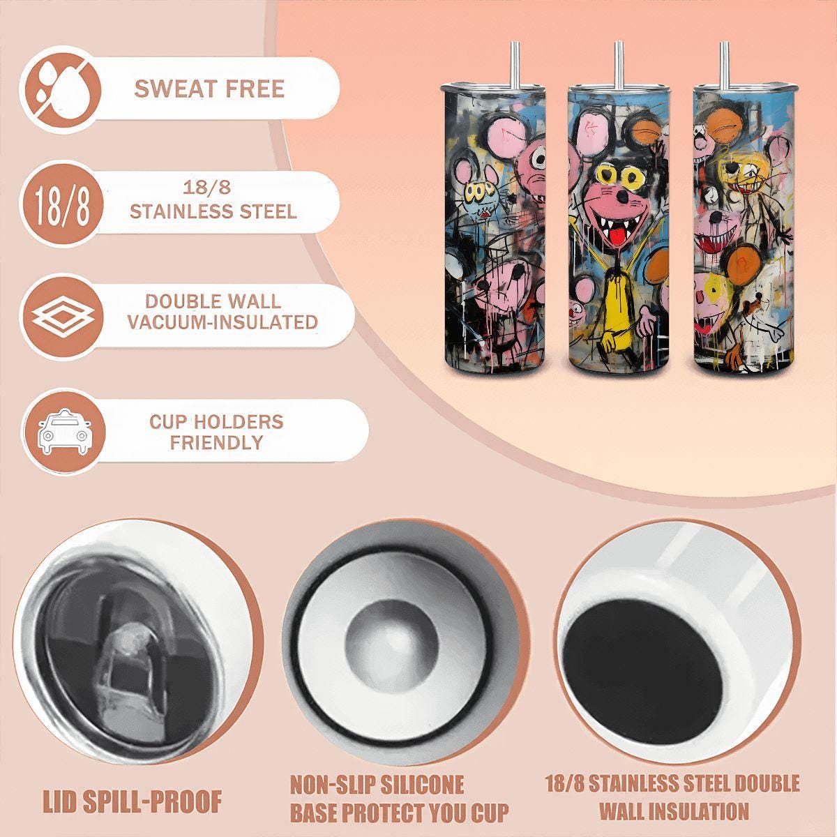 ColorFlow | Doodle Mouse Party Art Tumbler | 20oz Stainless Steel Travel Cup | Funny Cartoon Coffee Mug | Artistic Gift for Friends