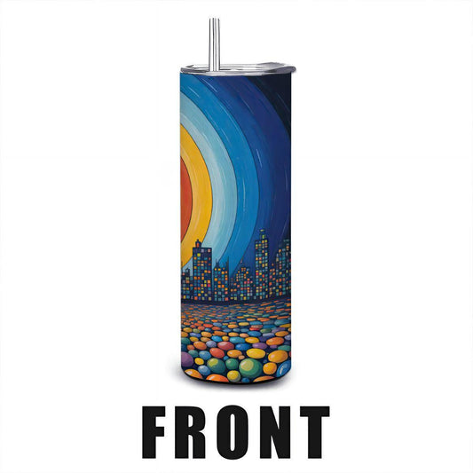 ColorFlow | Radiant City Sunset Tumbler | 20oz Stainless Steel Cup with Straw | Colorful Skyline Art | Modern Travel Mug