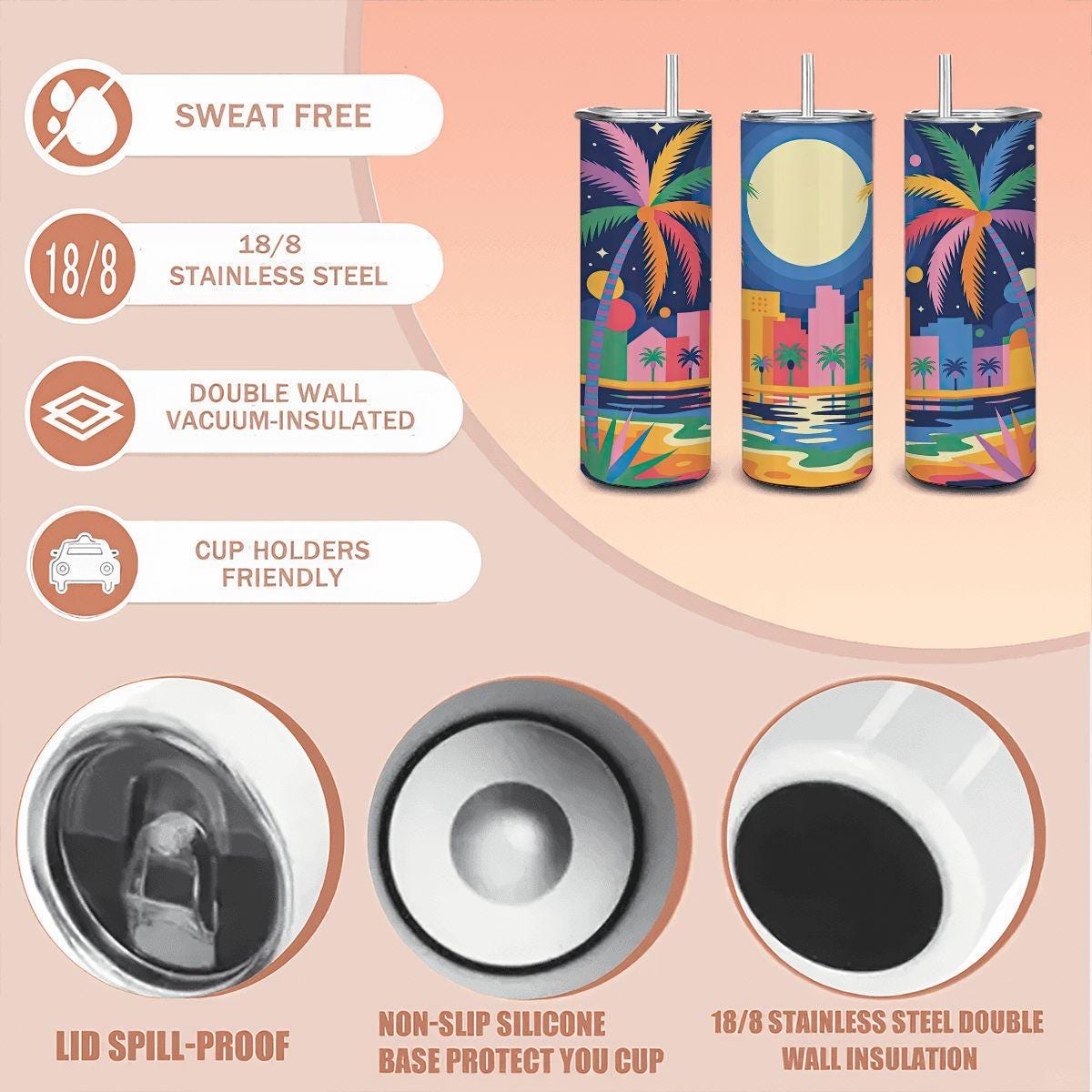 ColorFlow | Tropical Sunset City Tumbler | 20oz Stainless Steel Cup with Straw | Palm Beach Art | Summer Vibes Gift