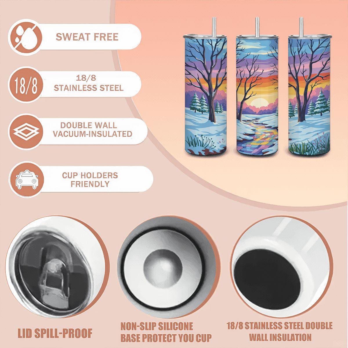 ColorFlow | Winter Sunset Landscape Tumbler | 20oz Stainless Steel Cup with Straw | Snowy Forest Art Mug | Nature Gift