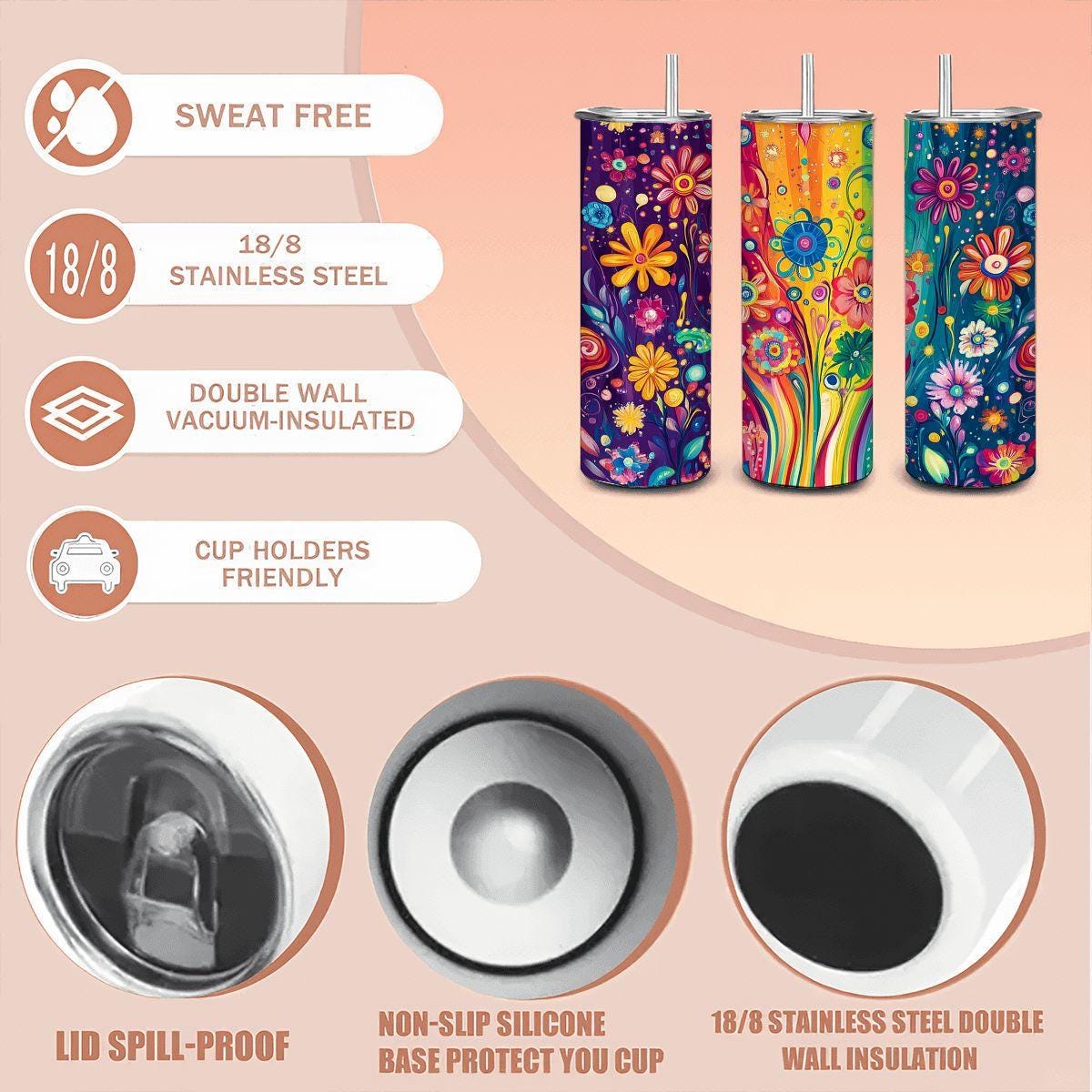 ColorFlow | Electric Garden Bloom 20oz Stainless Steel Tumbler with Straw | Bold Rainbow Floral Insulated Mug