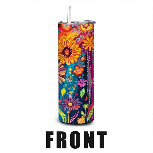 ColorFlow | Boho Rainbow Blossom 20oz Stainless Steel Tumbler with Straw | Vibrant Art Floral Insulated Cup