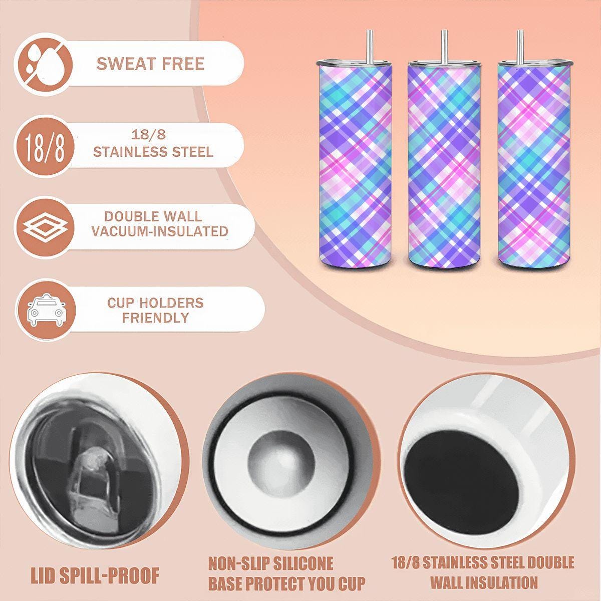 ColorFlow | Pastel Plaid 20oz Stainless Steel Tumbler with Straw | Insulated Coffee Travel Mug | Trendy Eco Drinkware