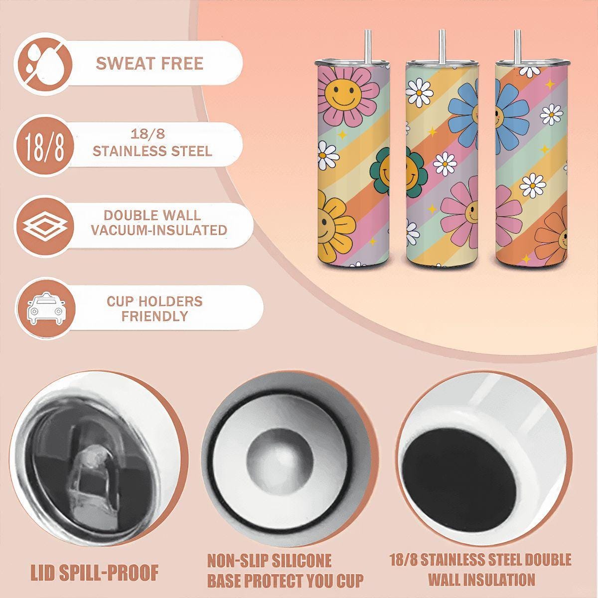 ColorFlow | Smiley Flower Power 20oz Stainless Steel Tumbler with Straw | Pastel Retro Insulated Cup | Happy Gift