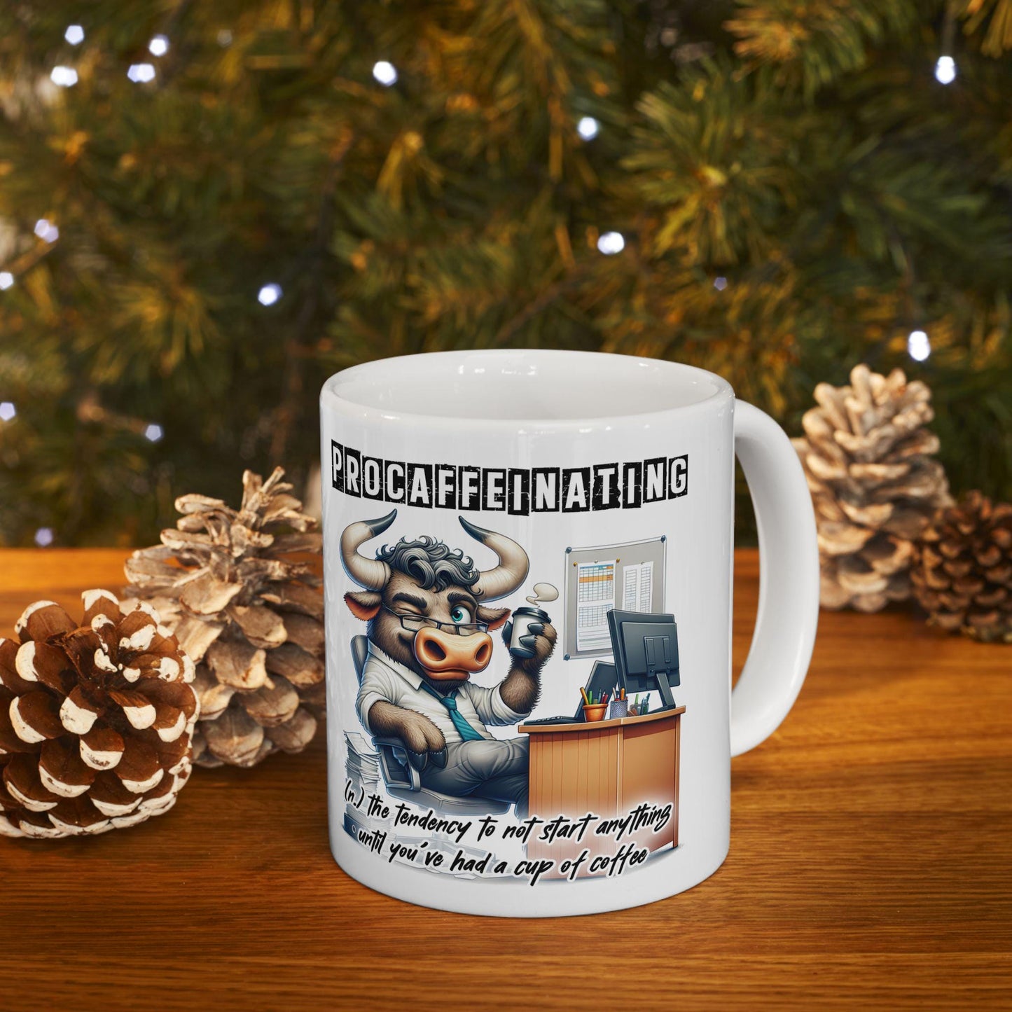 ColorFlow | Funny Coffee Mug Procaffeinating Bull Office Humor Cup | 15 oz Coffee Lover Gift for Coworkers and Friends