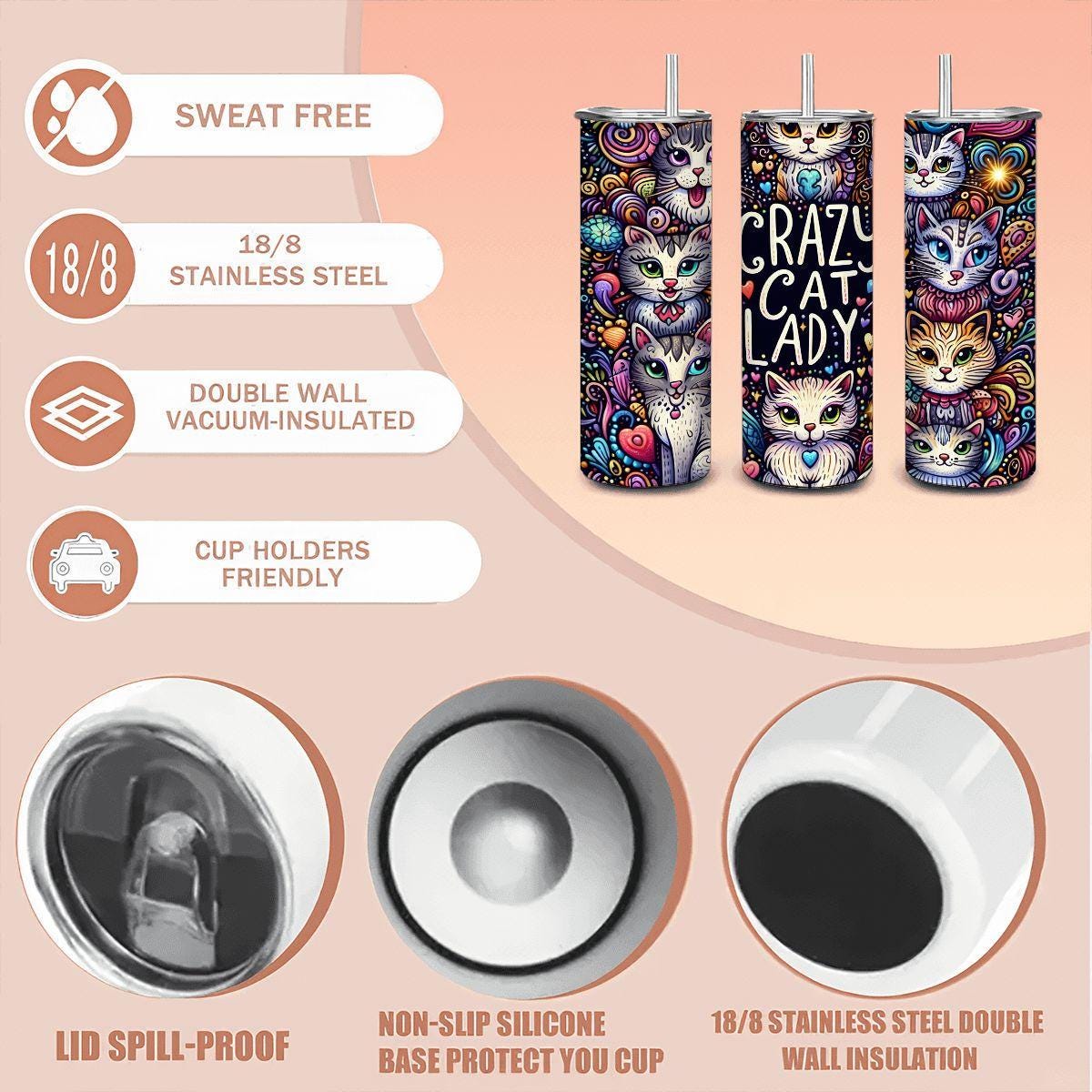 ColorFlow | Crazy Cat Lady Cat Tumbler | 20oz Stainless Steel Tumbler with Straw | Gift for Cat Lovers | Cat Mom Cup | Coffee Travel Mug