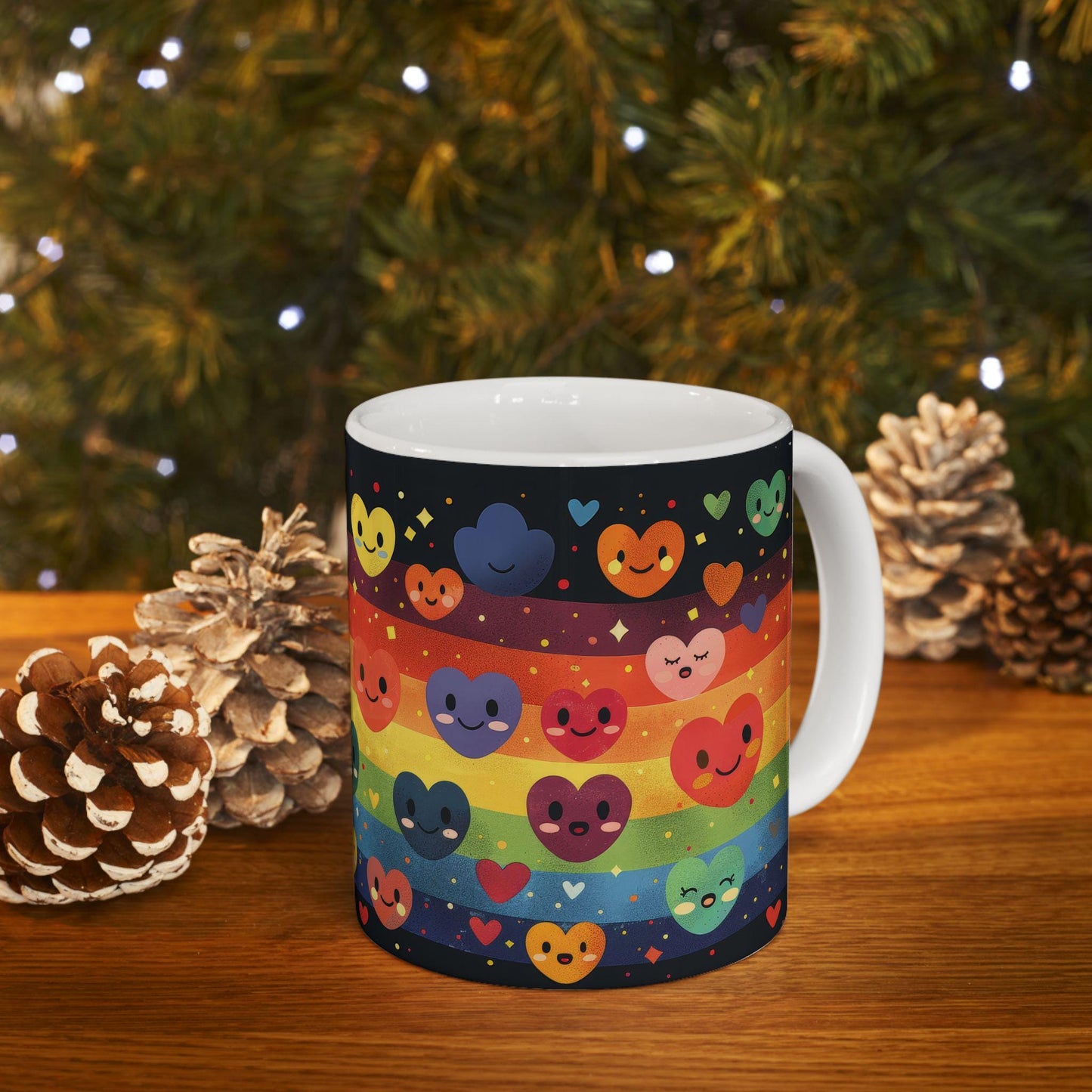 ColorFlow | Rainbow Hearts Smile Mug | Joyful Pride Coffee Cup | 15 oz Ceramic Mug | Cute Colorful Gift for All