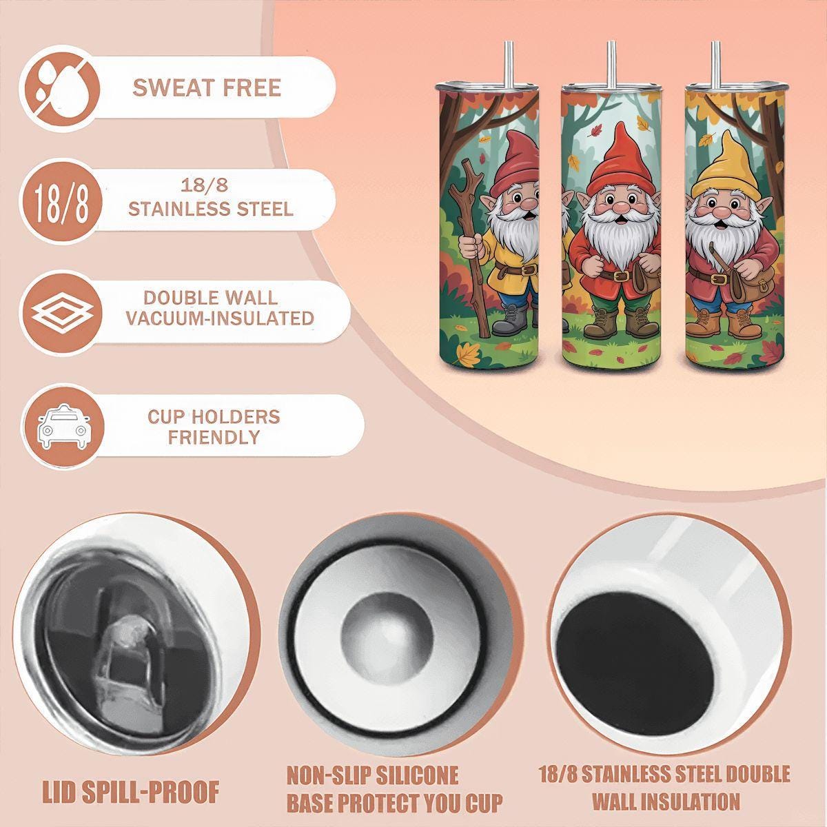 ColorFlow | Autumn Gnomes 20oz Stainless Steel Tumbler with Straw | Fall Forest Art Mug | Whimsical Reusable Cup