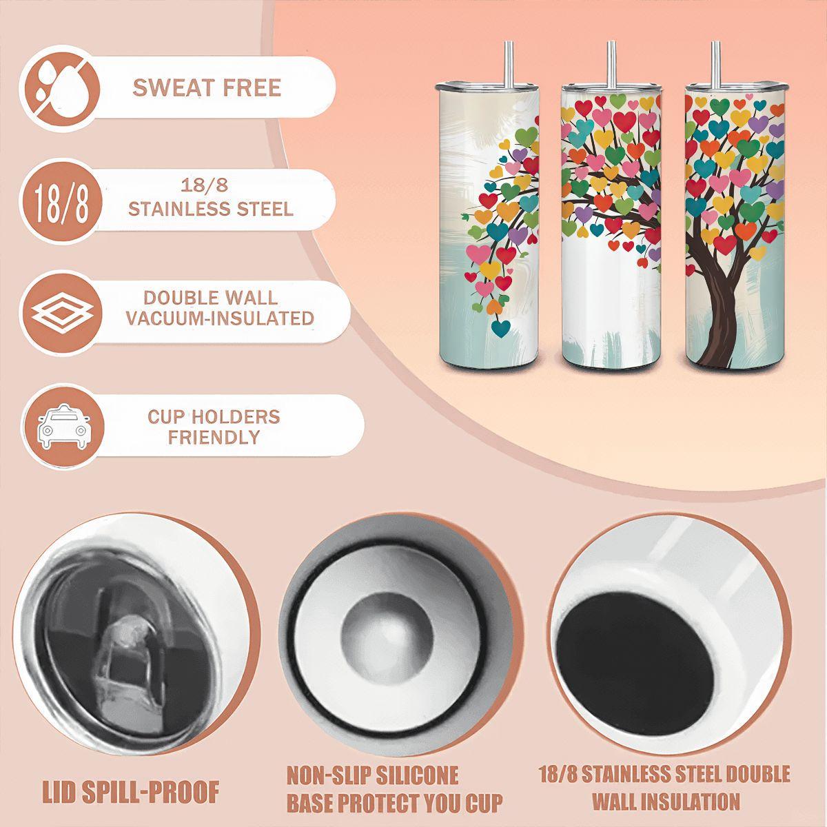 ColorFlow | Heartful Harmony Tree Tumbler | 20oz Stainless Steel Insulated Mug with Straw | Colorful Love Art Travel Cup
